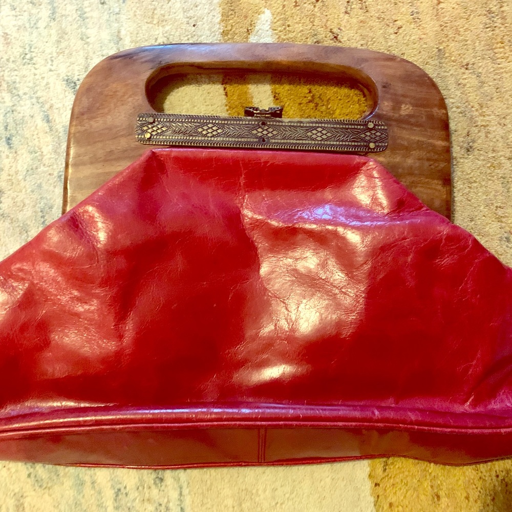 Red Leather and Wood Clutch Handbag